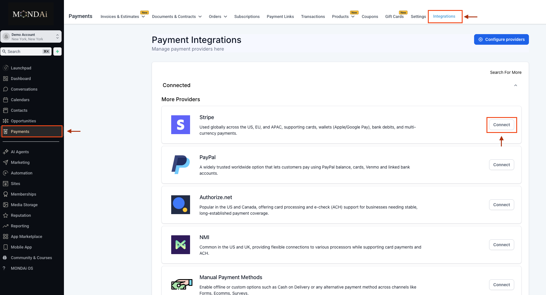 MONDAi Settings → Payments showing the Connect with Stripe button